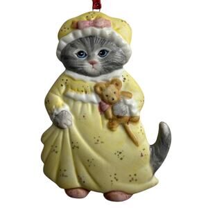 1985 Kitty Cucumber Cat Yellow Ornament Ceramic Blue Eyes B. Shackman Schmid Vtg